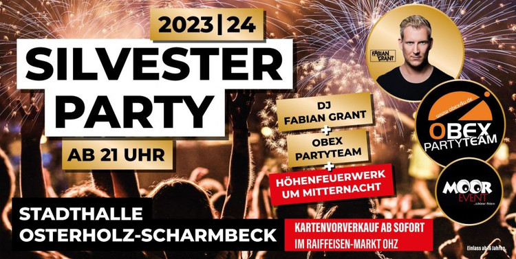 Flyer der Silvesterveranstaltung: Silvesterparty in der Stadthalle OHZ - Osterholz-Scharmbeck 2023/2024